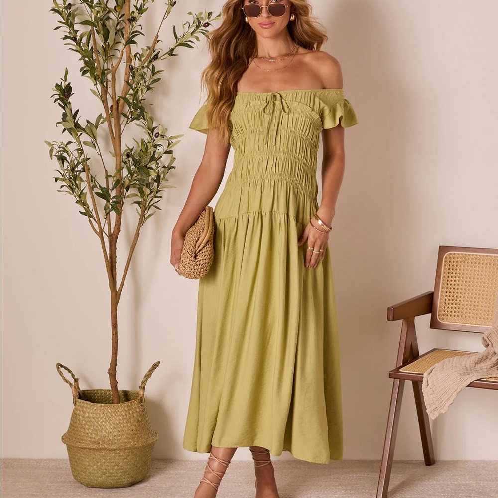 Linen Skies Flutter Sleeve Midi Dress - Lime